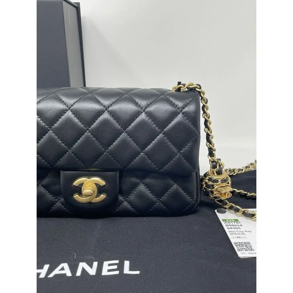 CHANEL 22S Black Mini Rectangle Pearl Crush Braid Gold Ball Flap Bag Unused - Picture 4 of 16